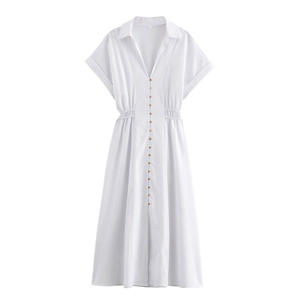 Elegante abito a camicia bianco linea A con maniche corte e vita elastica arricciata