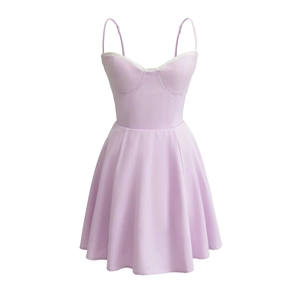 Lavender lace-trimmed mini slip dress with thin straps and pleated A-line skirt