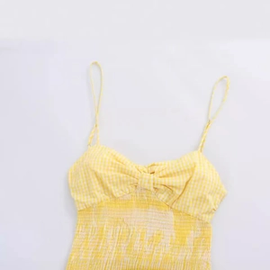 Women summer plaid V-neck dress with bow and yellow gingham smocking detail