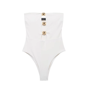 Costume da bagno intero a fascia bianco con sfere dorate e taglio a gamba alta trendy