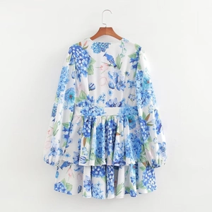 Summer V-neck long sleeve floral dress with blue hydrangea print and ruffled hemline