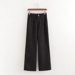 Pantalon droit en tweed noir élégant avec paillettes brillantes et taille haute