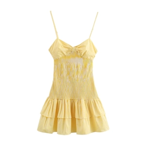 Summer yellow gingham V-neck dress with bow detail and smocked waistline ruffled hem