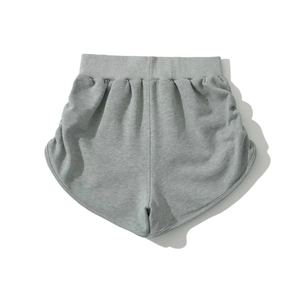 Women's summer grey high-waisted sports shorts with side ruching and dolphin hem details