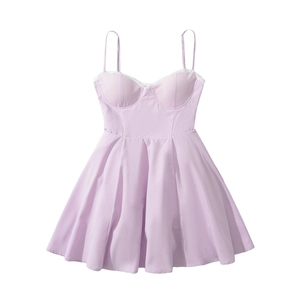 Lilac summer dress with lace trim and built-in chest pads shown on white background