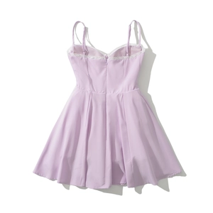Rear view of lavender mini dress featuring adjustable straps and delicate lace trim