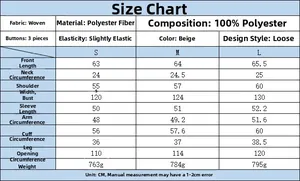 Size chart table for women's beige polyester jacket showing detailed cm measurements