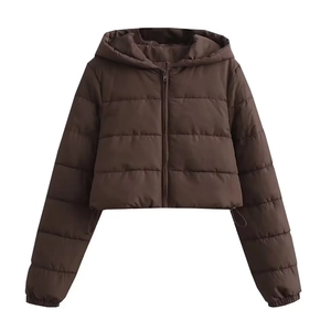 Women's 2024 short brown cropped puffer jacket with hood and drawstring hem detailing