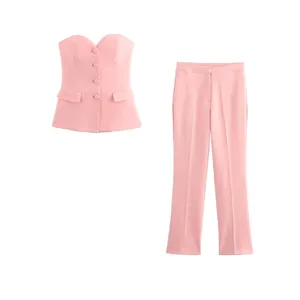 Elegante Completo Donna Rosa Con Top a Tubo E Pantaloni a Gamba Larghissima Vita Alta Sexy Scollo a Cuore Outfit