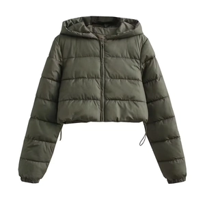 Women's short hooded puffer jacket in dark olive green with drawstring hem