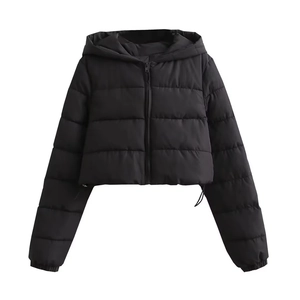 Women's black cropped hooded puffer jacket with waterproof fabric and zipper closure