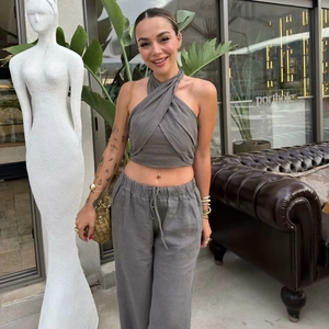 Women's 2-piece linen set with halter neck crop top and wide-leg trousers in dark grey