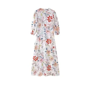 Damen Tropisches Blumenmuster Langarm Maxikleid Rundhals A-Linie Hohe Taille Elegant Lässig Sommerurlaub Party Kleid