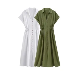 Abito a Camicia da Donna in Misto Lino Casual a Maniche Corte Con Bottoni Abito Maxi a Vita Alta a Linea A Estivo Elegante Lungo