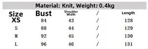 Guide des tailles pour robe en maille avec épaulettes incluant buste et longueur