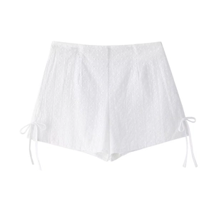 Short taille haute en coton blanc avec broderie anglaise et nœuds sur les côtés
