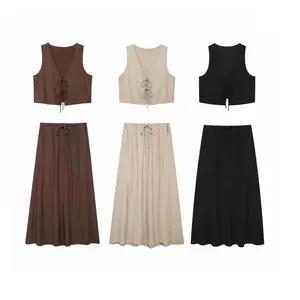 Ensemble Décontracté Femme Débardeur à Nouer Col en V Et Jupe Longue Trapèze à Taille Haute Froissée Chemisier Sans Manches Texturé Et Jupe Maxi