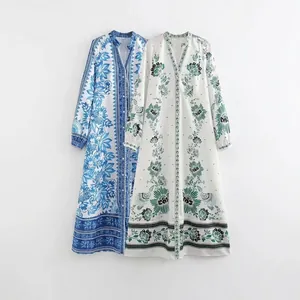 Women's Bohemian V-Neck Floral Print Long Sleeve Maxi Dress Summer Casual Button Down Vacation Resort A-Line Party Dress