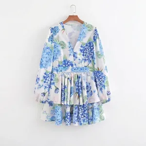 V-neck long sleeve floral mini dress with blue hydrangea print and pleated skirt
