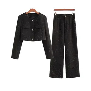 Ensemble Deux Pièces en Tweed Élégant pour Femme Veste Courte à Paillettes et Pantalon Large à Taille Haute Tenue de Bureau Chic Top And Bottom
