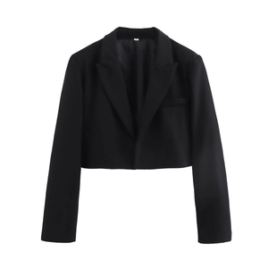 Women's chic black cropped blazer jacket with notch lapels and structured long sleeves