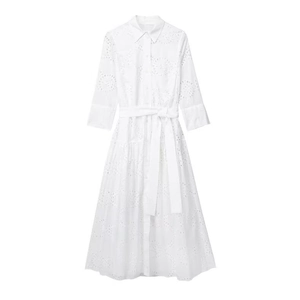 Elegant white eyelet embroidery midi shirt dress with lapel collar and waist belt