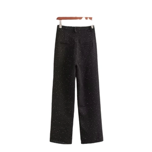 Pantalon femme taille haute noir à paillettes avec une coupe droite élégante et chic