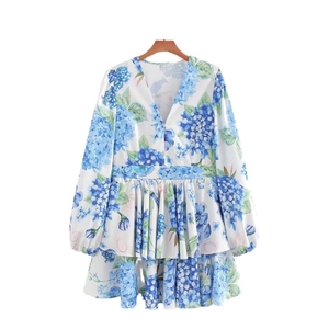 Women's V-neck floral long sleeve dress with blue hydrangea print and tiered skirt