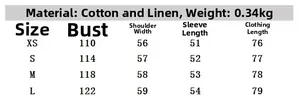 Tableau des tailles pour ensemble kimono en lin avec mesures, matière et poids de 0,34 kg