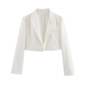 Women's minimalist short white blazer with notch lapel and single pocket on white background