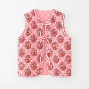 Chaleco Acolchado Vintage con Estampado Floral para Mujer Rosa Cuello en V Cordones Sin Mangas Chaleco Ligero Cálido Acolchado Otoño