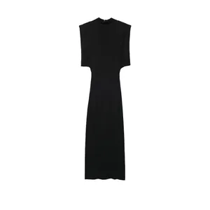 Robe Maxi Élégante Noire Sans Manches en Maille Femmes Épaulettes Découpe à la Taille Demi-col Montant Robe de Soirée