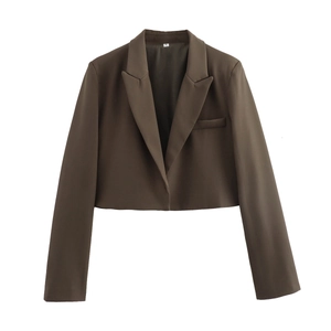 Close-up of brown cropped blazer featuring peak lapel and size S collar label