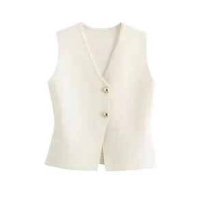 Women V-Neck Sleeveless Knit Vest Top With Gold Buttons Elegant Commute Casual Loose Waistcoat For Summer Spring Outwear