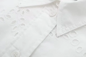 Detail of Broderie Anglaise embroidery and button on a white cotton blouse collar