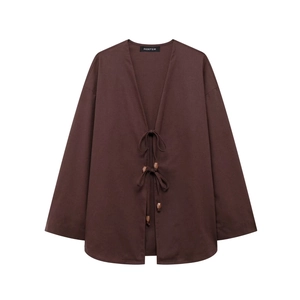 Ensemble d'été 2024 en coton lin avec cardigan kimono et pantalon large en brun chocolat foncé
