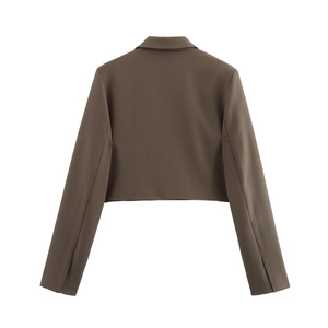 Back view of a cropped street fashion blazer for women in mocha brown color