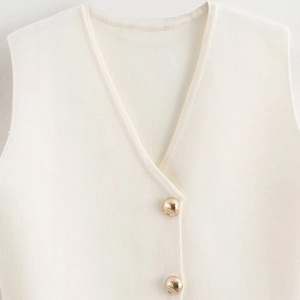 Minimalist cream knit vest for women with elegant V-neck and decorative gold buttons