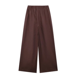 Pantalon large femme en coton et lin marron foncé avec taille élastique pour l'été