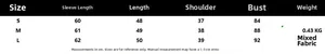 Detailed size chart for women's knit cardigan showing bust, length and sleeve dimensions