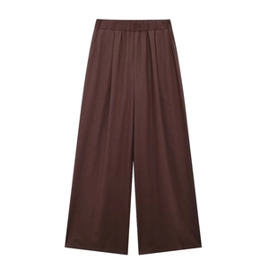 Pantalon large en lin pour femme marron foncé avec taille haute élastique élégante