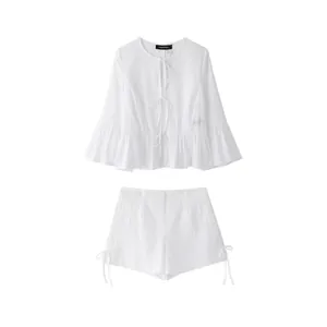 Femme Blanc Broderie Anglaise Manches Longues Peplum Haut Et Taille Haute Shorts Élégant Ajouré Lacet Été Tenue