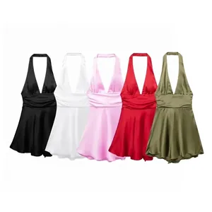 Abito da Donna Sexy con Allacciatura al Collo Schiena Scoperta in Raso Mini Abito Elegante Scollo a V Profondo a Trapezio Festa con Fiocco