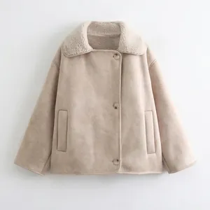 Women Casual Faux Suede Sherpa Jacket Lapel Button Down Warm Fleece Coat Streetwear Solid Color Outerwear For Autumn Winter