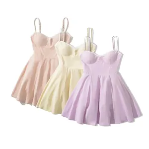 Women Elegant Lace Trim Suspender Mini Dress With Chest Pads Sleeveless A-Line High Waist 2024 Summer Sexy Party Dress
