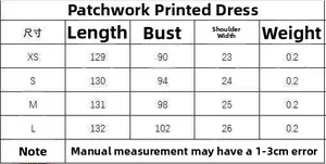 Detailed size chart for patchwork print summer dress including length and bust measurements