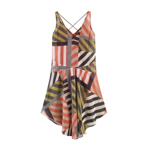 Women Sexy V Neck Geometric Patchwork Print Slip Dress Backless Asymmetric Hem Sleeveless Holiday Beach Midi Dress