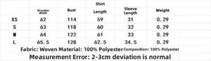 Size chart for women's batwing sleeve white shirt with detailed XS to L measurements