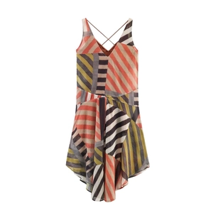 Summer beach sleeveless patchwork printed dress with V-neck and irregular hem