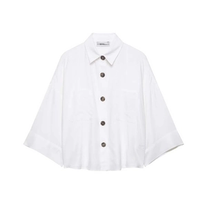 Women Casual Loose White Shirt Batwing Sleeve Oversized Blouse With Big Buttons Pocket Turn Down Collar Commute Top